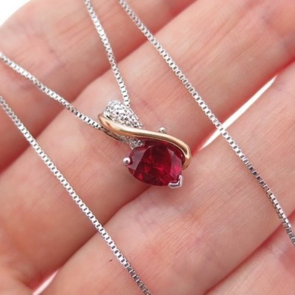 SAI 925 Sterling Silver & 14K Gold Real Ruby Heart Box Chain Necklace 18" - Picture 1 of 8
